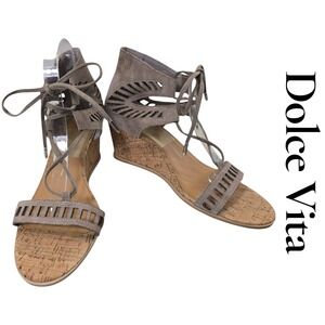 Dolce Vita Suede Lace Up Wedge Sandals Taupe Cutout Cork Heel Size 10